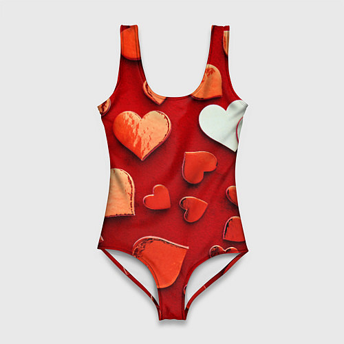 Женский купальник-боди Красные сердца на красном фоне / 3D-принт – фото 1