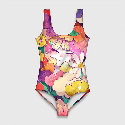 Женский купальник-боди Девочка в цветах / 3D-принт – фото 1