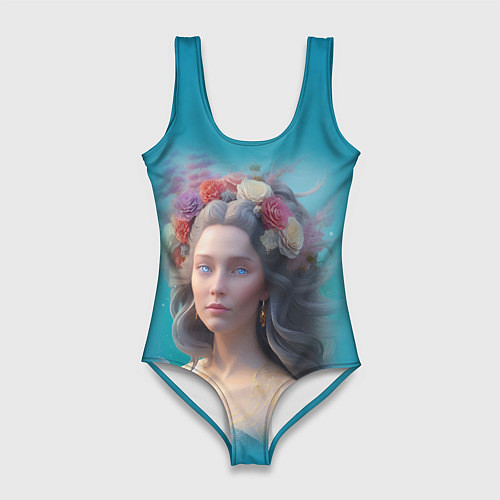 Женский купальник-боди Цветочный портрет женщины с голубыми глазами / 3D-принт – фото 1
