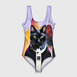 Купальник-боди 3D женский Чёрный котяра в Нью-Йорке, цвет: 3D-принт