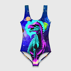 Женский купальник-боди Динозавр в космосе - неоновое свечение