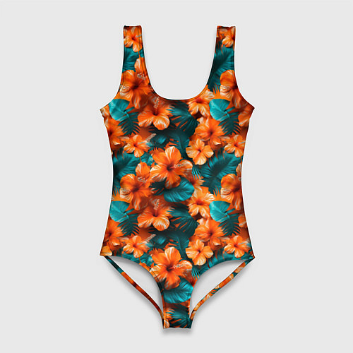 Женский купальник-боди Оранжевые цветы гавайские / 3D-принт – фото 1