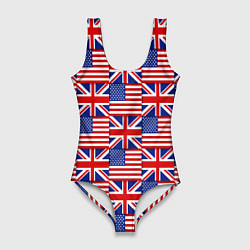 Купальник-боди 3D женский Флаги США и Англии, цвет: 3D-принт