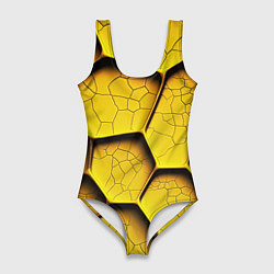 Купальник-боди 3D женский Желтые шестиугольники с трещинами - объемная текст, цвет: 3D-принт