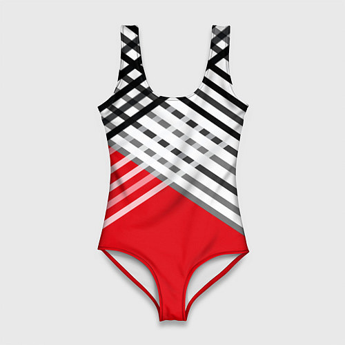 Женский купальник-боди Косые черно-белые полосы на красном / 3D-принт – фото 1