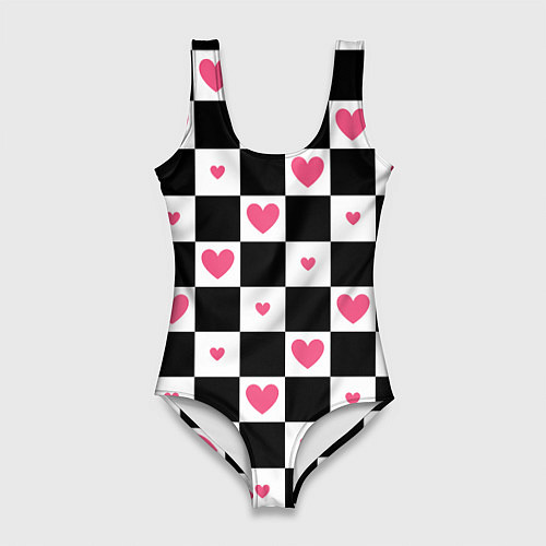 Женский купальник-боди Розовые сердечки на фоне шахматной черно-белой дос / 3D-принт – фото 1