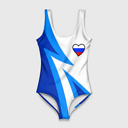Купальник-боди 3D женский Флаг России в сердечке - синий, цвет: 3D-принт