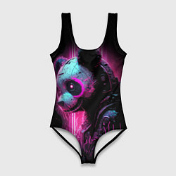 Женский купальник-боди Панда киберпанк в фиолетовом свете