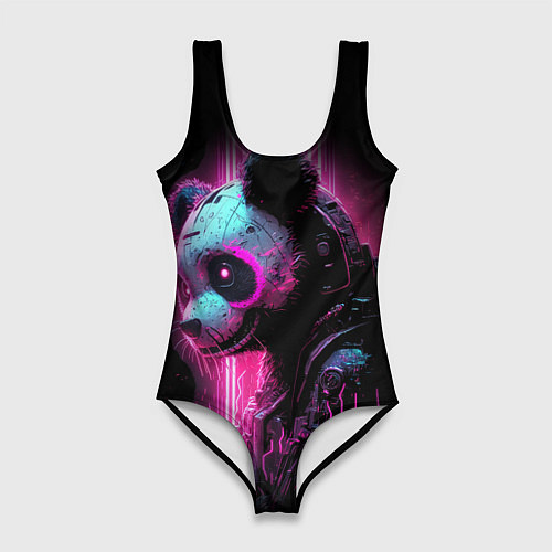 Женский купальник-боди Панда киберпанк в фиолетовом свете / 3D-принт – фото 1
