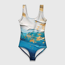 Женский купальник-боди Белый, синий, золотой импасто абстракция