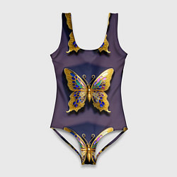 Купальник-боди 3D женский Золотая бабочка паттерн, цвет: 3D-принт
