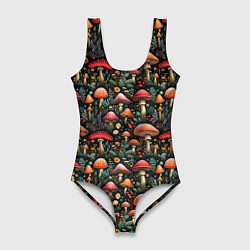 Купальник-боди 3D женский Сказочные грибы мухоморы паттерн, цвет: 3D-принт
