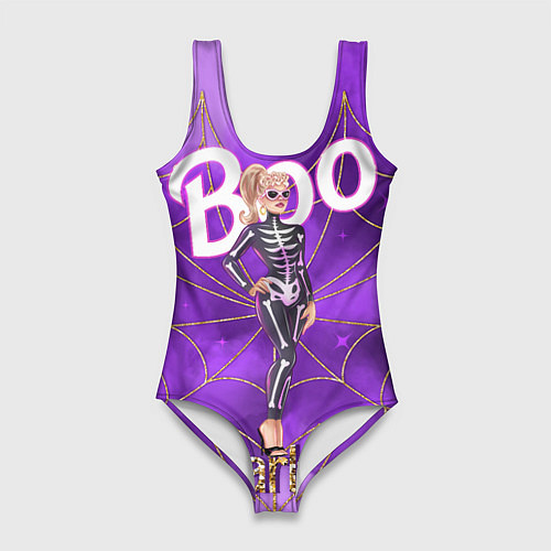 Женский купальник-боди Барби в костюме скелета: паутина и фиолетовый дым / 3D-принт – фото 1