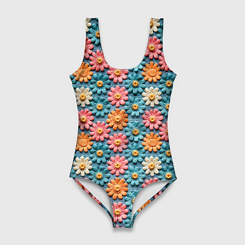 Женский купальник-боди Вязаные цветочки паттерн / 3D-принт – фото 1