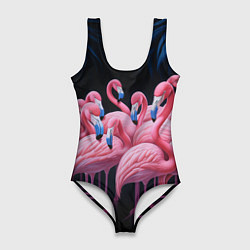 Женский купальник-боди Стая розовых фламинго в темноте