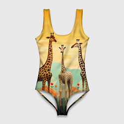 Женский купальник-боди Три жирафа в стиле фолк-арт