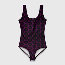 Женский купальник-боди Чёрно-фиолетовый паттерн стилизованные цветы