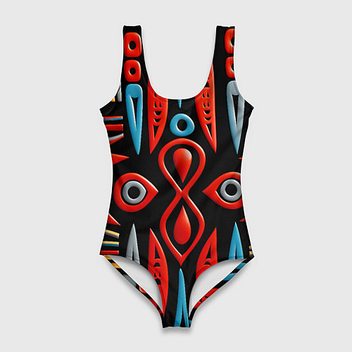 Женский купальник-боди Красно-синий узор в африканском стиле / 3D-принт – фото 1