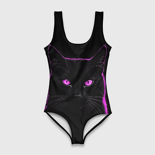 Женский купальник-боди Черный кот в розовом свечении / 3D-принт – фото 1