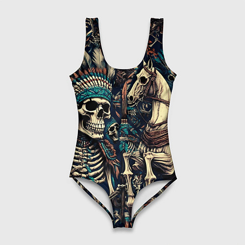 Женский купальник-боди Татуировка скелета индейца и ковбоя в техасе / 3D-принт – фото 1