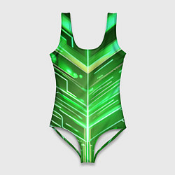 Купальник-боди 3D женский Зелёные неон полосы киберпанк, цвет: 3D-принт