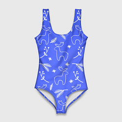 Женский купальник-боди Синий рождественский принт с оленями