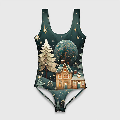 Женский купальник-боди Снежная деревня в праздничном наряде / 3D-принт – фото 1