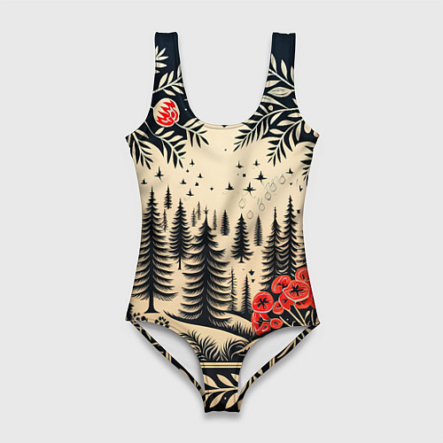 Женский купальник-боди Новогодний лес с узорами / 3D-принт – фото 1
