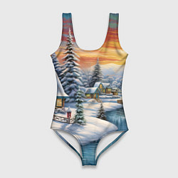 Купальник-боди 3D женский Зимняя маленькая речка, цвет: 3D-принт