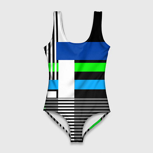Женский купальник-боди Геометрический узор сине -зеленый в стиле пэчворк / 3D-принт – фото 1