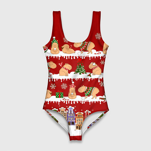 Женский купальник-боди Капибара с семьей на Новый год / 3D-принт – фото 1