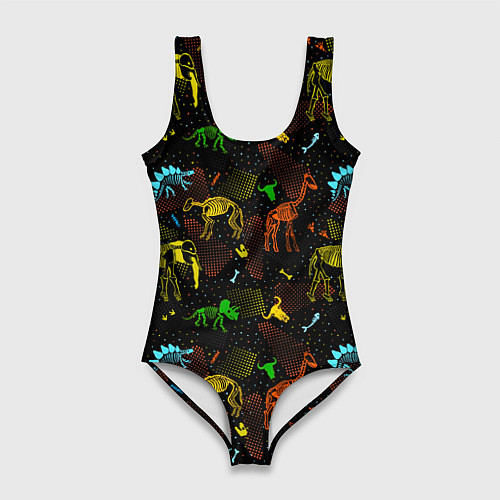 Женский купальник-боди Скелеты динозавров неон / 3D-принт – фото 1