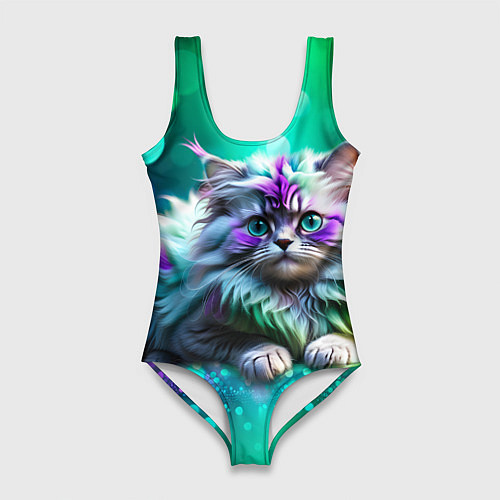Женский купальник-боди Пушистый котенок в бирюзово фиолетовом боке / 3D-принт – фото 1