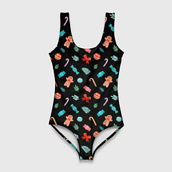 Женский купальник-боди Новогодние игрушки на черном