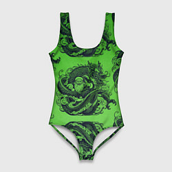 Купальник-боди 3D женский Дракон и Дед Мороз паттерн на зеленом, цвет: 3D-принт