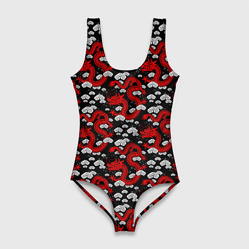 Женский купальник-боди Красный дракон на черном фоне / 3D-принт – фото 1