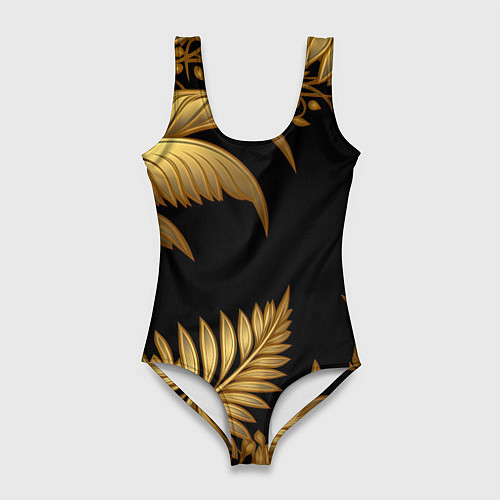Женский купальник-боди Золотые объемные листья узоры / 3D-принт – фото 1