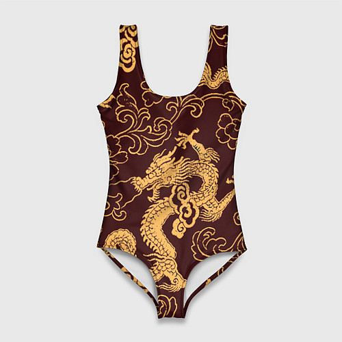 Женский купальник-боди Черно-золотая гравюра дракона / 3D-принт – фото 1