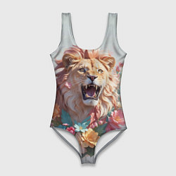 Женский купальник-боди Голова льва в цветах на холсте