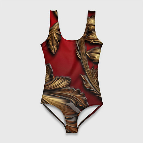 Женский купальник-боди Золотые объемные листья на красном фоне / 3D-принт – фото 1