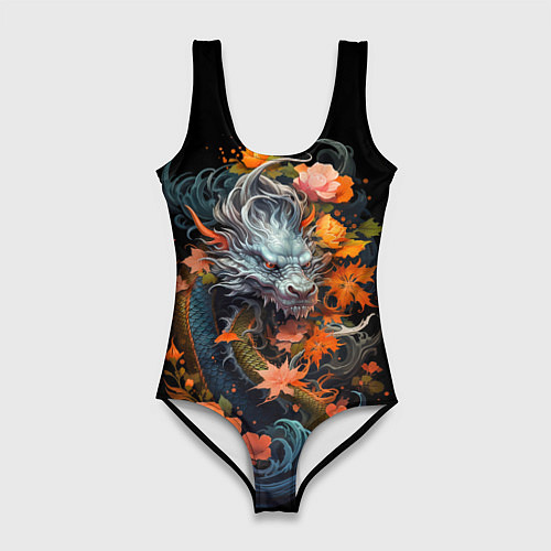 Женский купальник-боди Китайский дракон с цветами и волнами / 3D-принт – фото 1