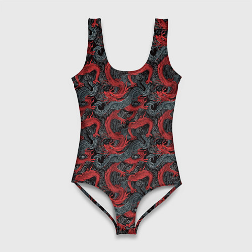 Женский купальник-боди Красные драконы на сером фоне / 3D-принт – фото 1