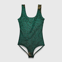 Женский купальник-боди Узоры золотые на зеленом фоне