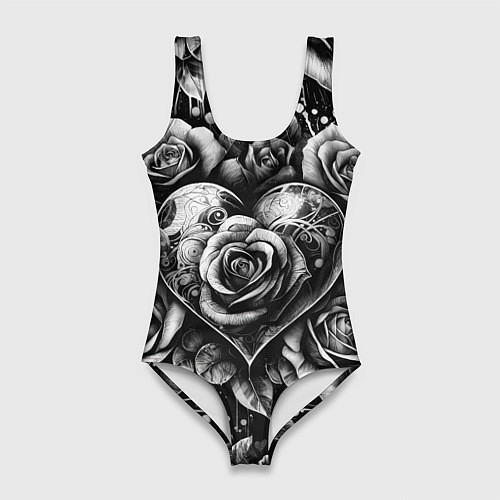 Женский купальник-боди Черно белое сердце и розы / 3D-принт – фото 1