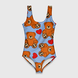 Купальник-боди 3D женский Мишки и сердца на голубом фоне, цвет: 3D-принт