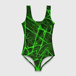 Женский купальник-боди Зелёная паутина на чёрном фоне