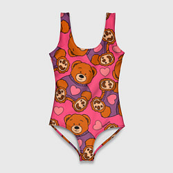 Купальник-боди 3D женский Мишки игрушки в розовых свитерах и сердечки, цвет: 3D-принт