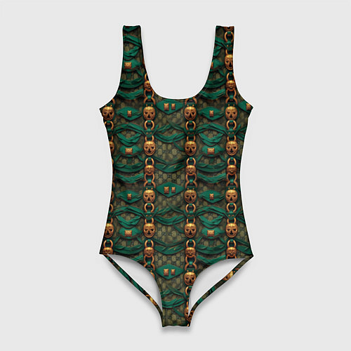 Женский купальник-боди Зеленая ткань с золотыми заклепками / 3D-принт – фото 1