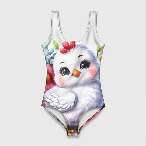 Женский купальник-боди Мультяшная курица с цветами акварелью / 3D-принт – фото 1