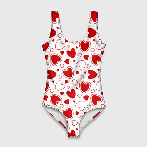 Женский купальник-боди Красные сердечки на белом фоне / 3D-принт – фото 1